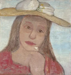 Head of a Young Girl with Straw Hat and Flower in Raised Hand